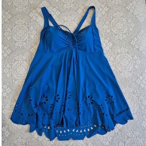 Blue Laser Cut Floral Eyelet Ruched Swimdress One Piece Swimsuit 2XL
